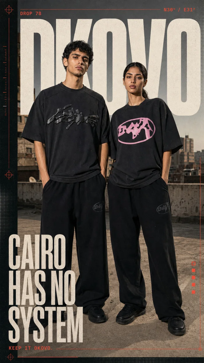 Two models in black streetwear on a rooftop with oversized poster typography.