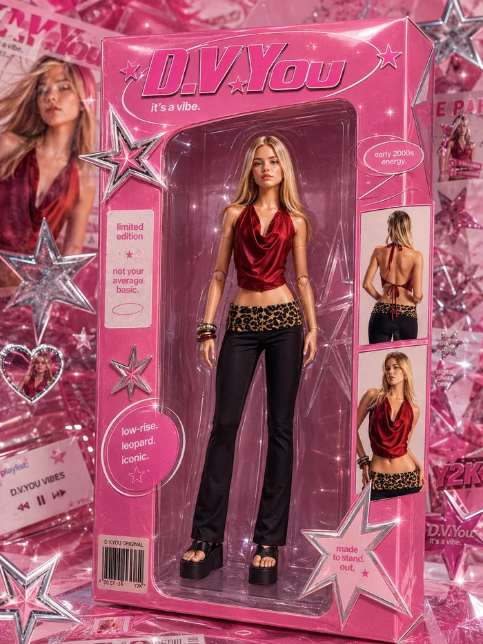 Articulated fashion doll inside a pink display box.