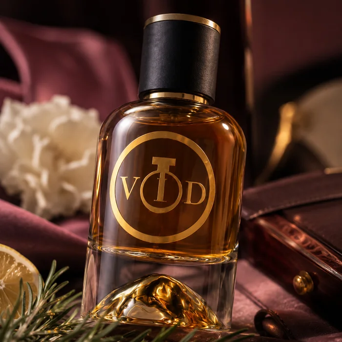 Amber fragrance bottle with gold details, flowers, and velvet.