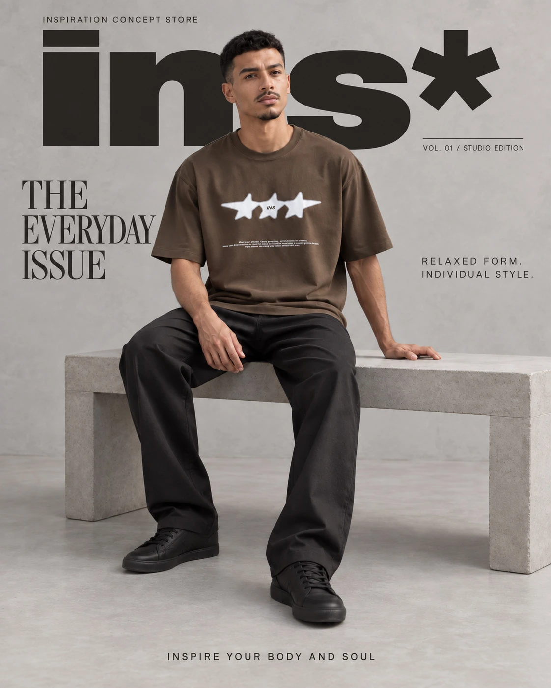 Fashion editorial featuring a brown oversized T-shirt