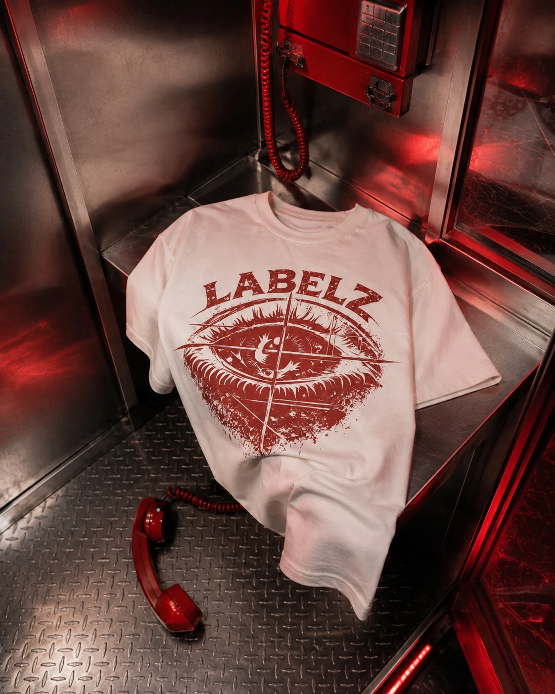 A white graphic T-shirt in a red-lit telephone booth