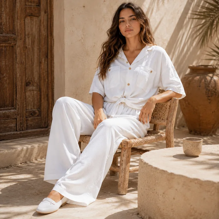 Woman seated in a white summer outfit in a sunlit stone courtyard.